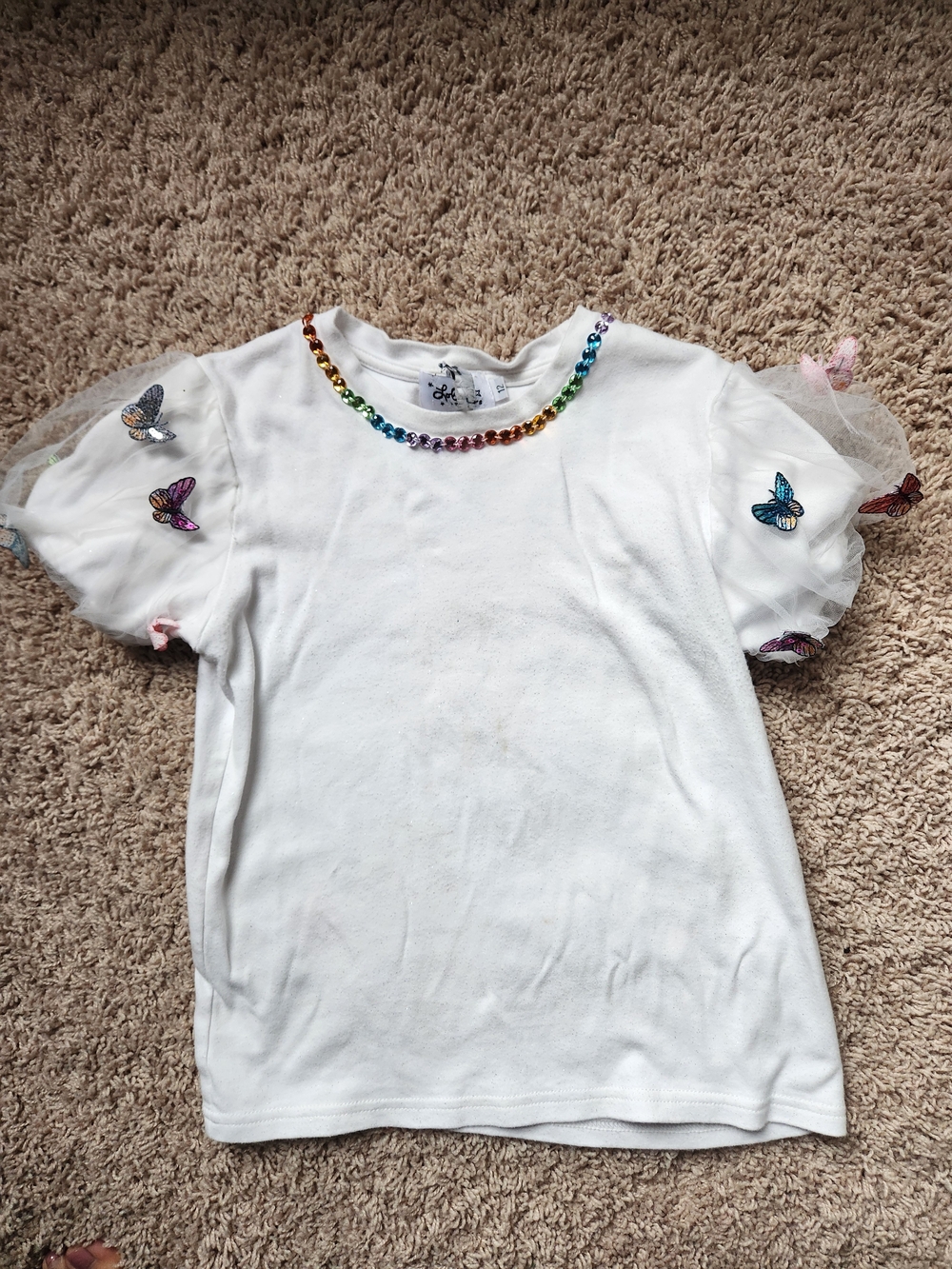 White Tee with Rainbow Bead Neckline & Butterfly Tulle Sleeves